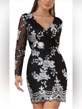 Black Long Sleeve V-Neck Dress with Silver Floral Embroidery